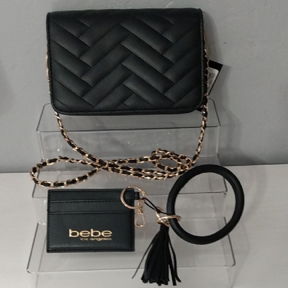 Bebe Sophia Black Crossbody Quilted Chevron Chain Strap Card Holder Tassel - Picture 2 of 13